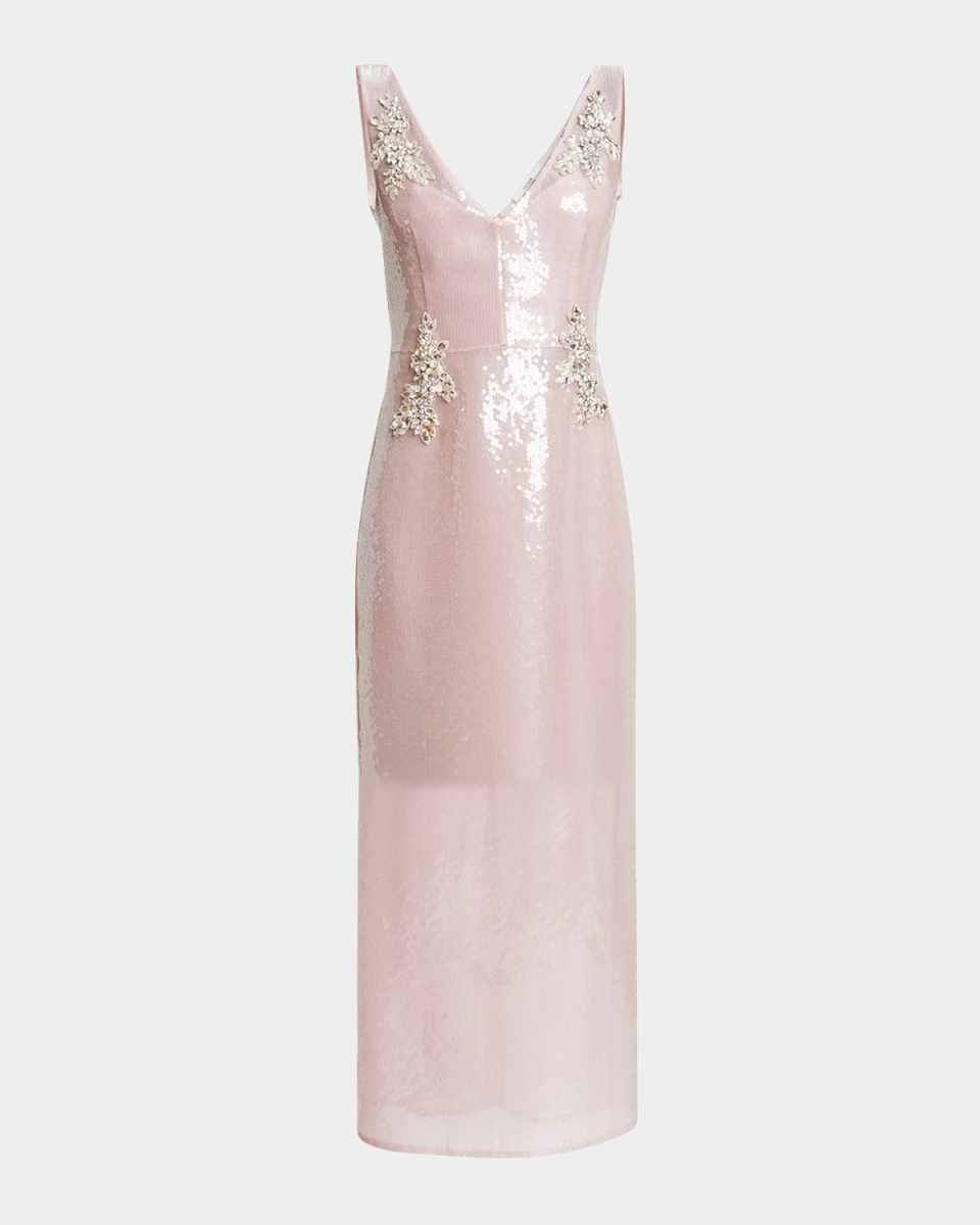 V-Neck Sequined Crystal Pencil Midi Cocktail Dress